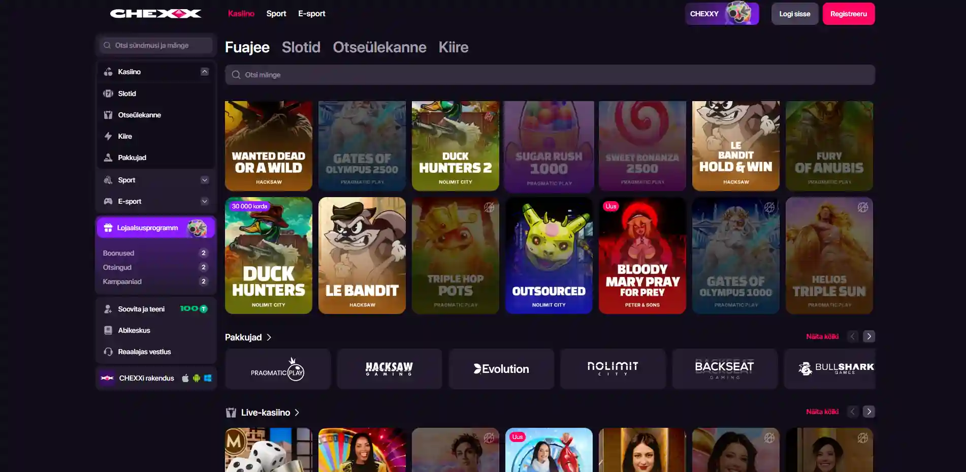 CHEXX mängufuajee kategooriate ja slotifiltritega